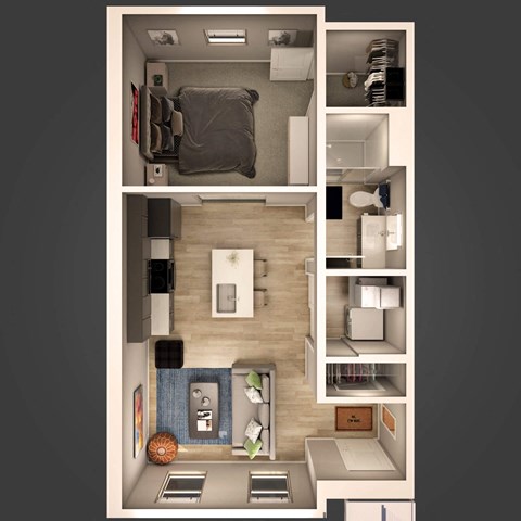 Floor plan for 1 bed, 1 bath, 687 sqft